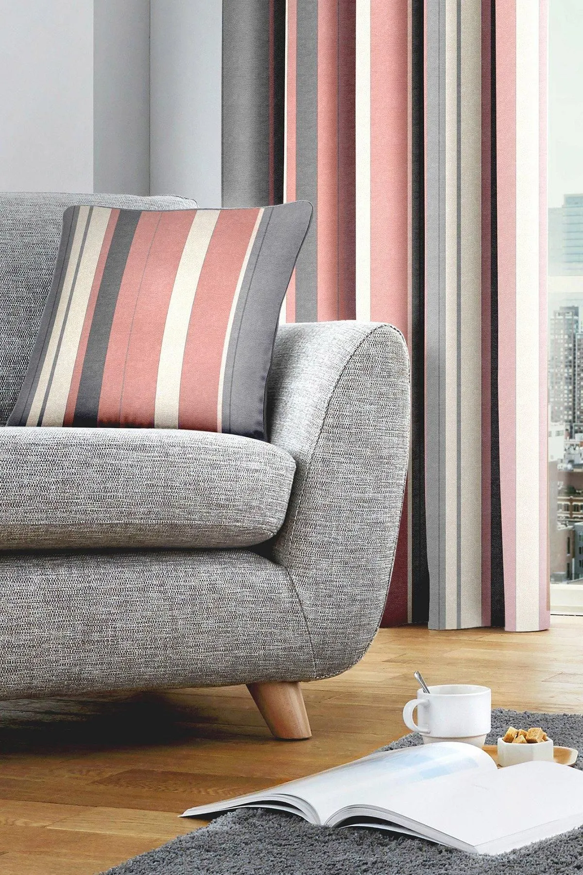 Fusion 'Whitworth Stripe' Modern Striped Filled Cushion 100% Cotton in Rose 3