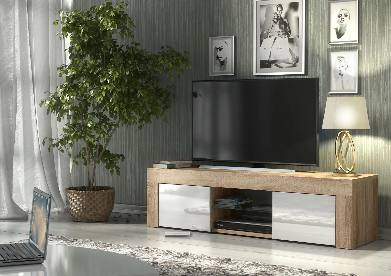 Creative Furniture TV Unit 130cm Modern - Oak with High Gloss White Doors in Light Oak 2