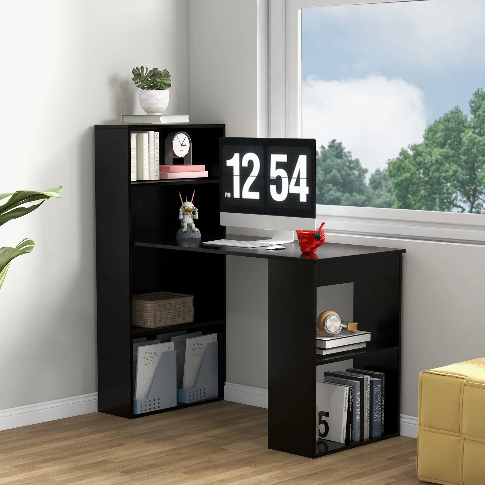 Costway Desk Wooden PC Laptop Table Writing Workstation 6-Tier Storage Shelves in Black 2