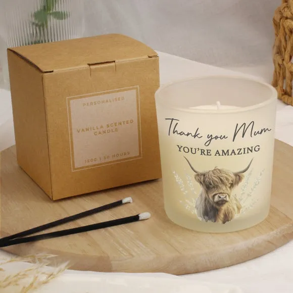 Personalised Highland Cow Frosted Glass Candle 2