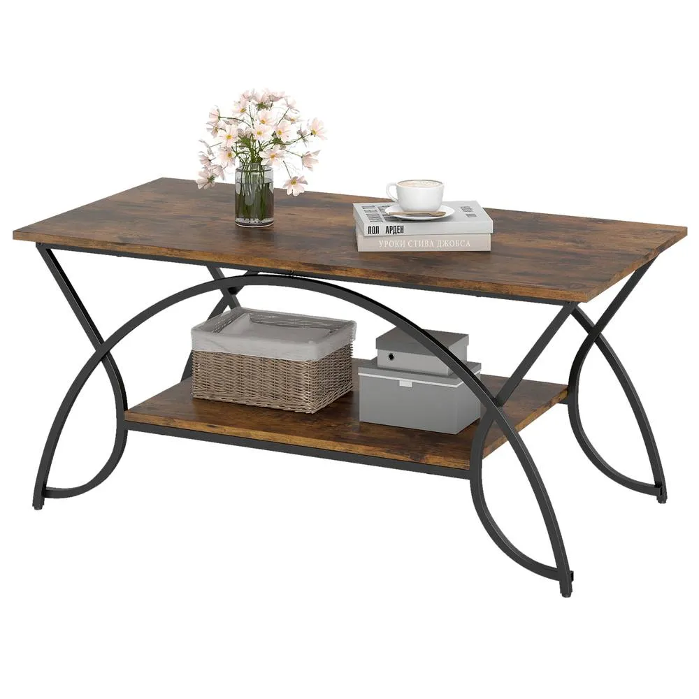 Costway 2-Tier Faux Marble Coffee Table Modern Cocktail Center Table w/ Shelf in Brown