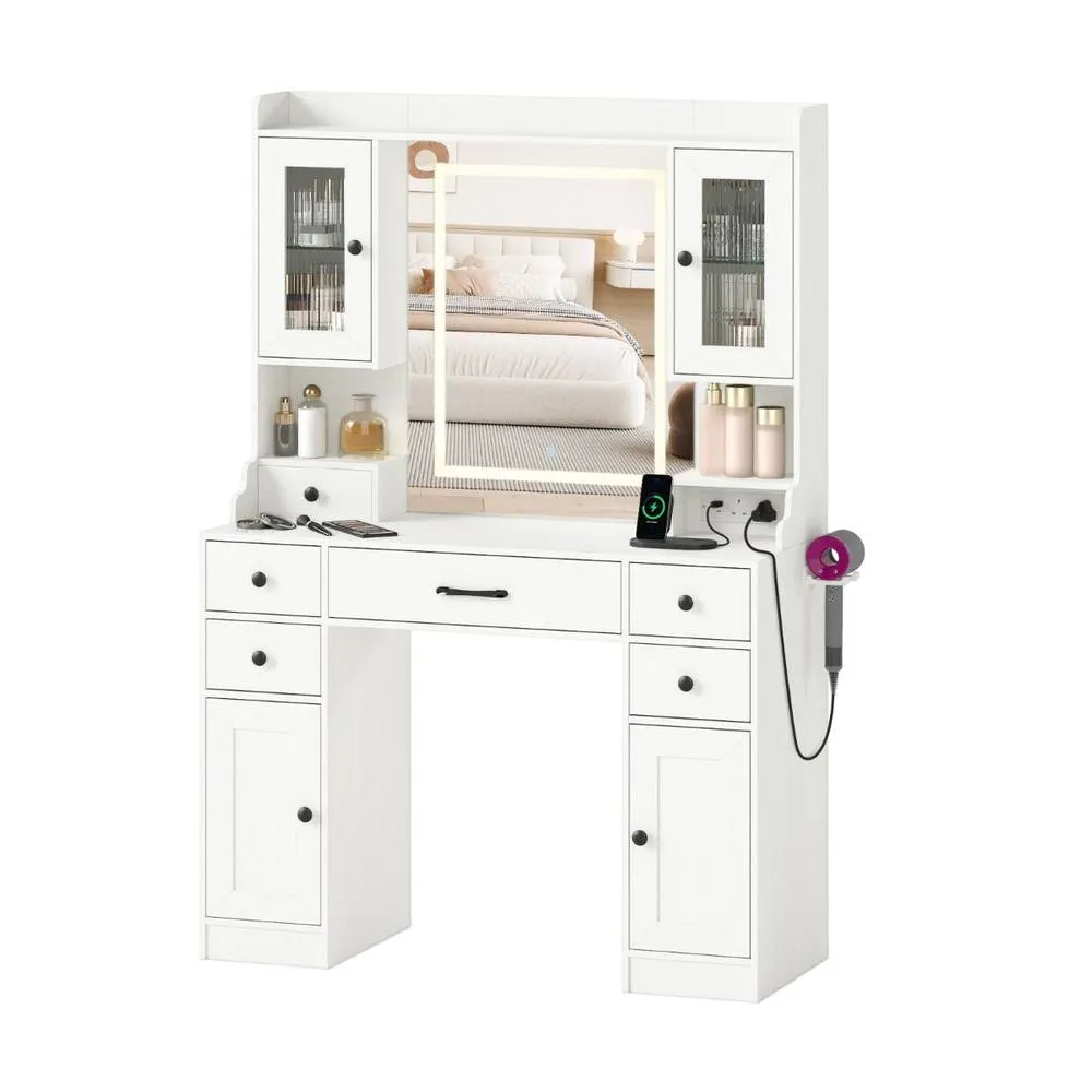 Costway Modern Dressing Table Vanity Desk with Mirror & Lights in White 2