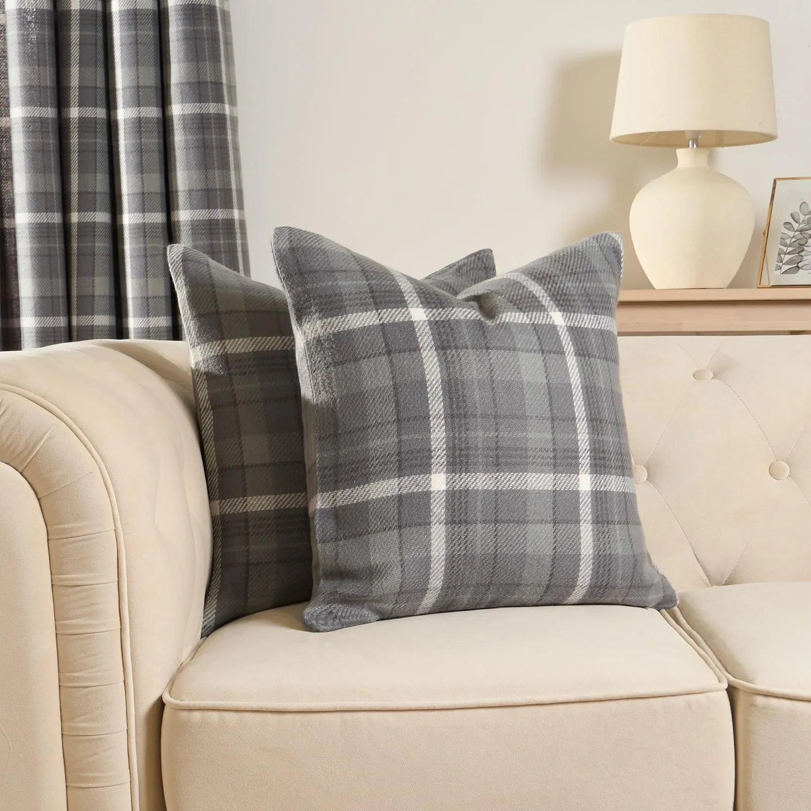 OHS Woven Check Cushion Covers Tartan Pack of 2 Case Pad Set 18" x 18" Home in Charcoal
