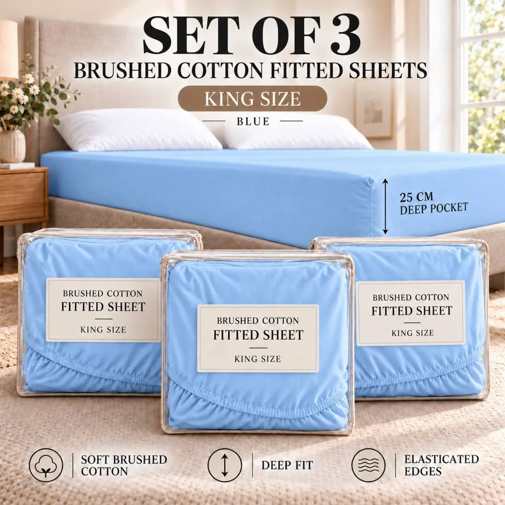 Smart Living 3 Pack 100% Brushed Cotton Fitted Sheets 25cm Deep in Blue 2