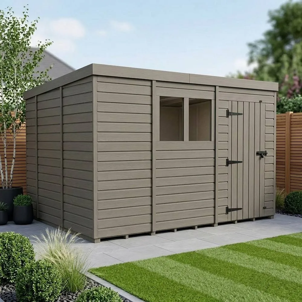 Buttercup Farm 13ft x 10ft Composite Pent Garden Shed Single Door With Windows in Grey 2
