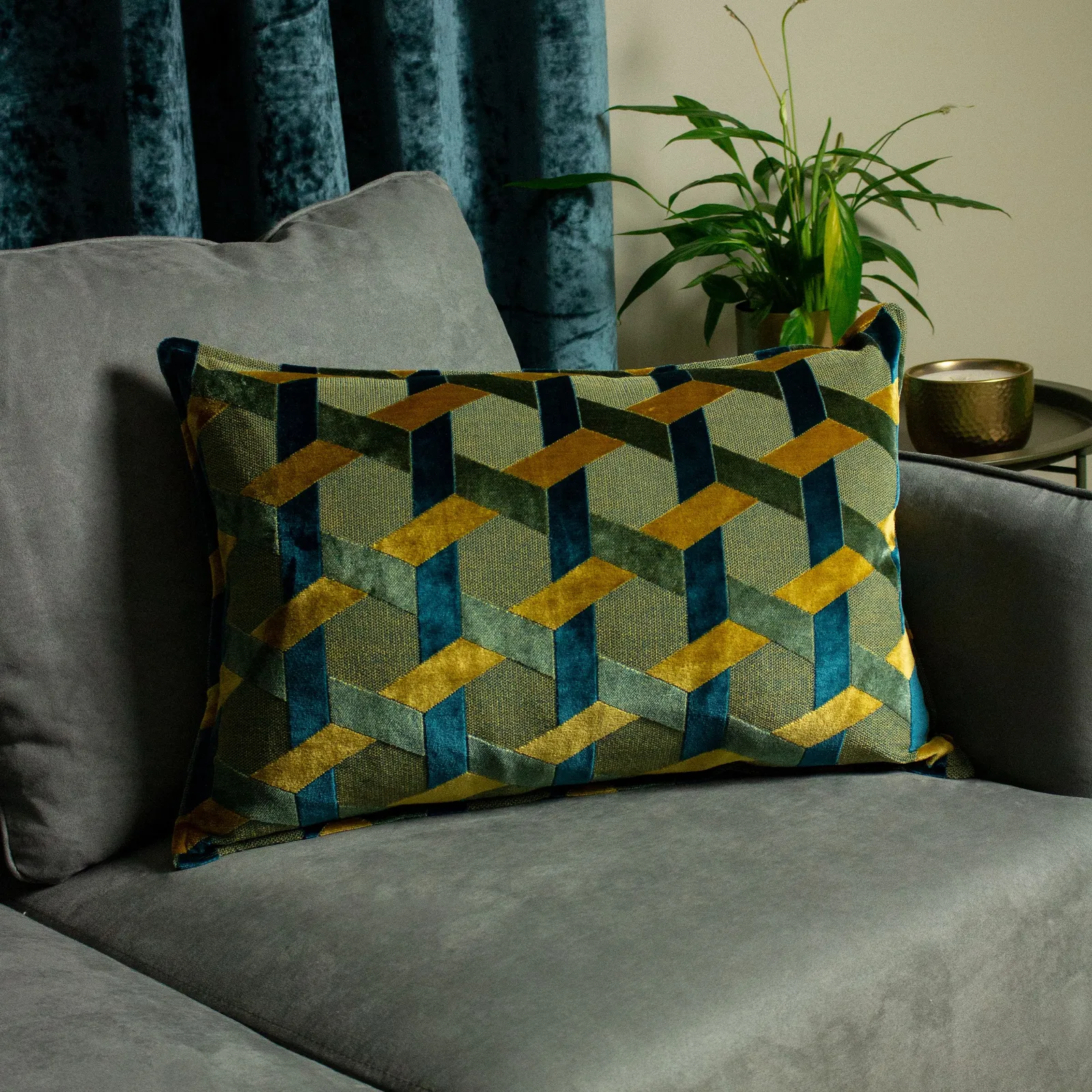 Paoletti Delano Geometric Velvet Cushion in Teal 1