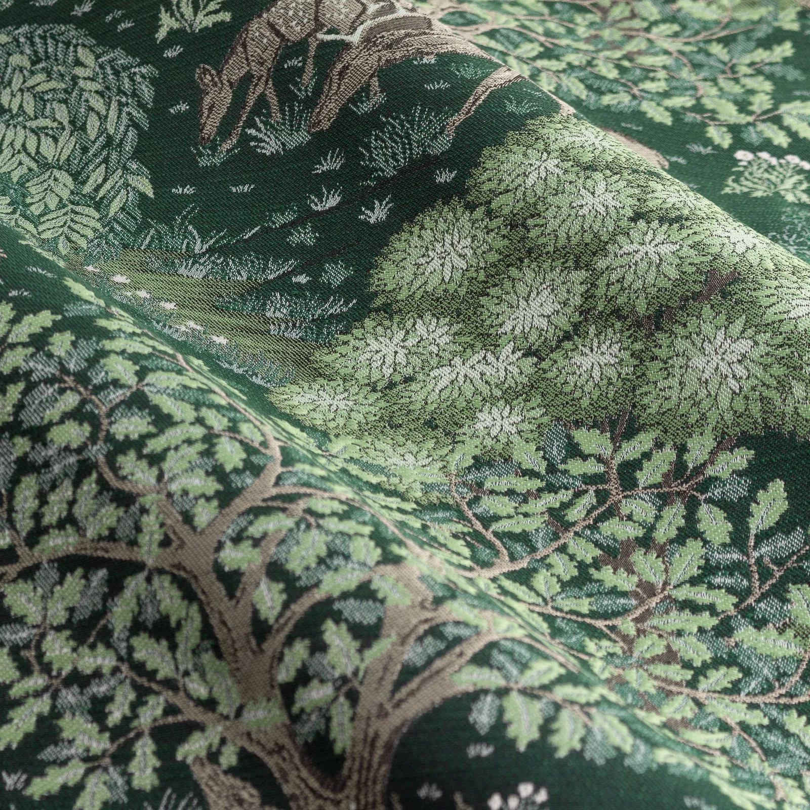 Morris & Co Brook Woodland Jacquard Room Darkening Pencil Pleat Curtains in Green 6
