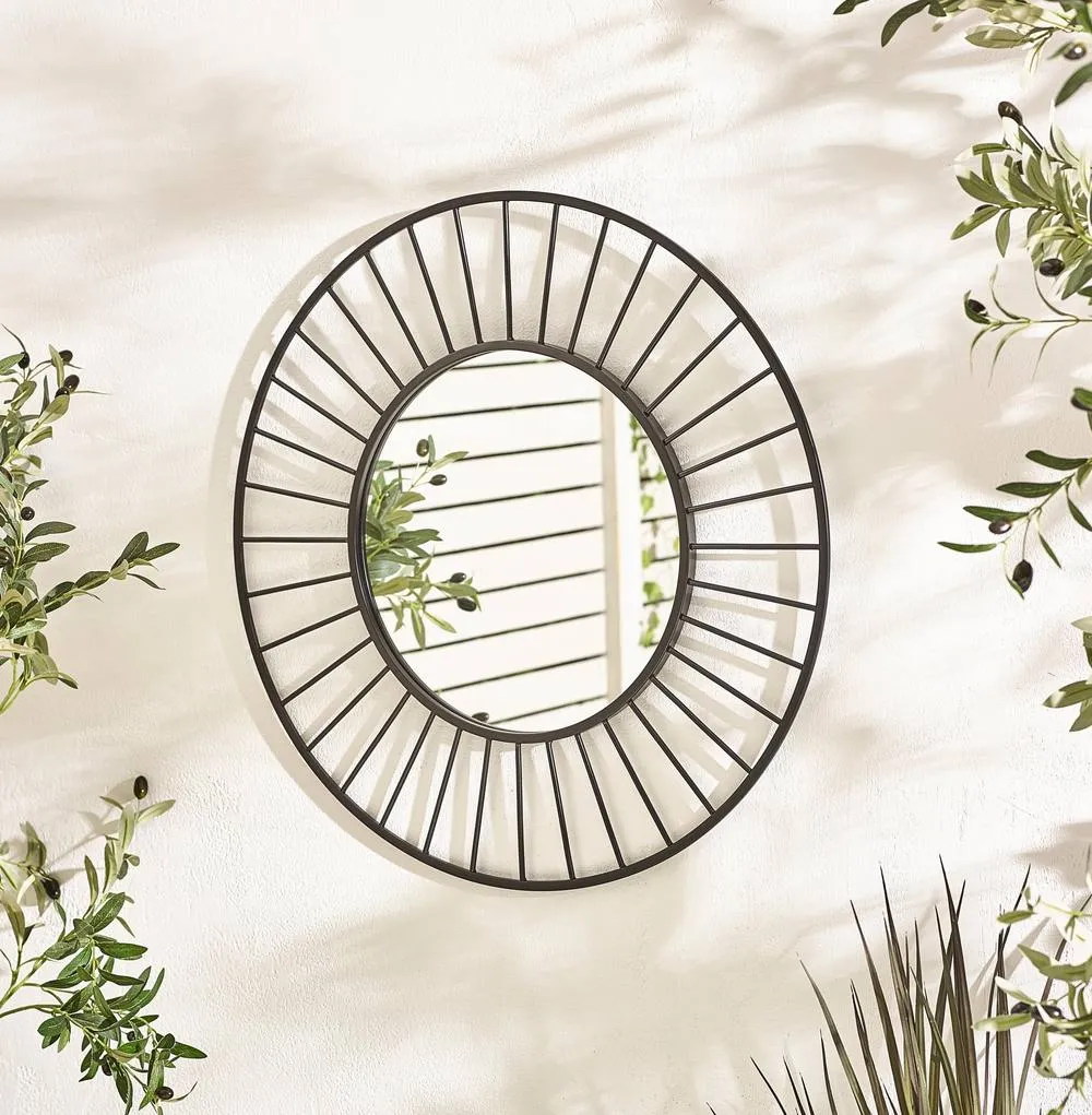 FurnitureboxUK Raya Black Medium Round Spoke 70cm Garden Mirror