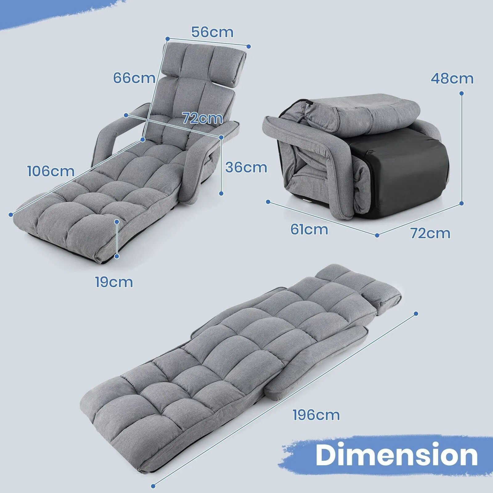 Costway Folding Sofa Chair 6 Positions Adjustable Floor Lazy Chair with Armrest Single Sofa in Grey 2