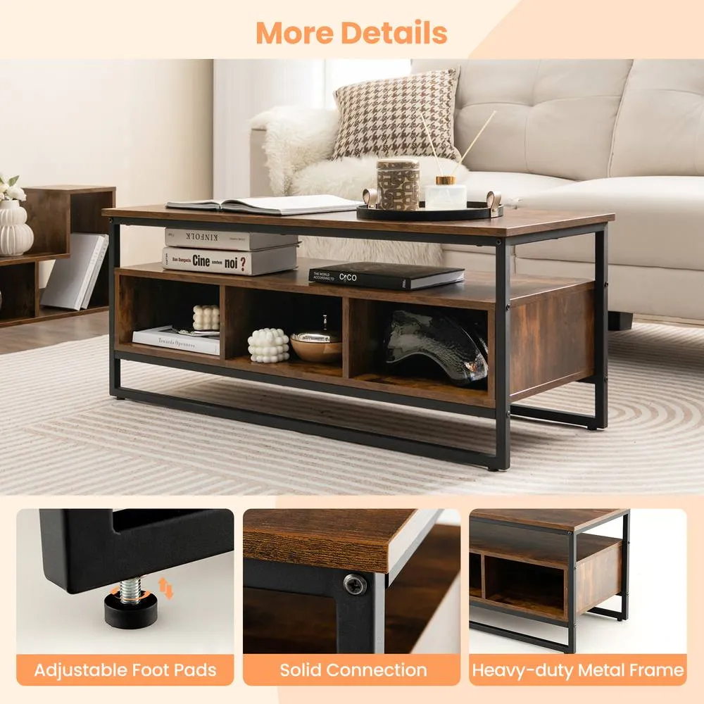 Costway Industrial Center Table with Open Shelf & 3 Storage Cubbies in Brown 5