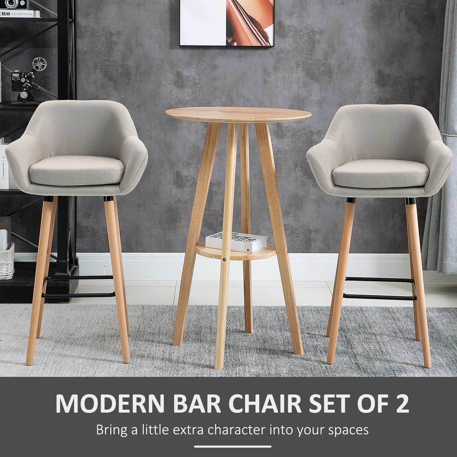 HOMCOM PCs Modern Upholstered Fabric Bucket Seat Bar Stools w/ Solid Wood Legs in Beige 4