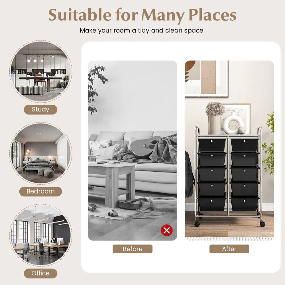 Costway 10 Drawers Storage Trolley Mobile Rolling Utility Cart Home Office Organizer in Black 6