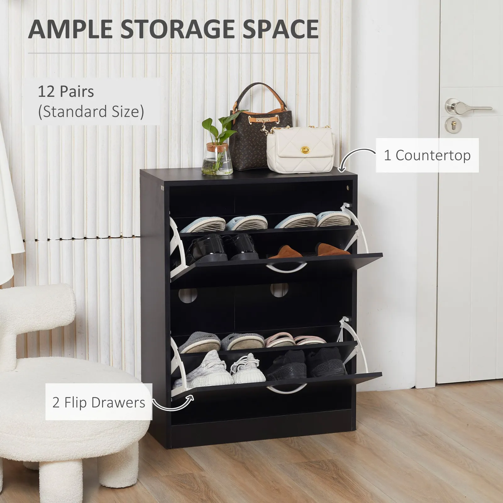 HOMCOM Wooden Shoe Storage Cabinet Footwear Stand Organiser Unit Drawers in Black 4