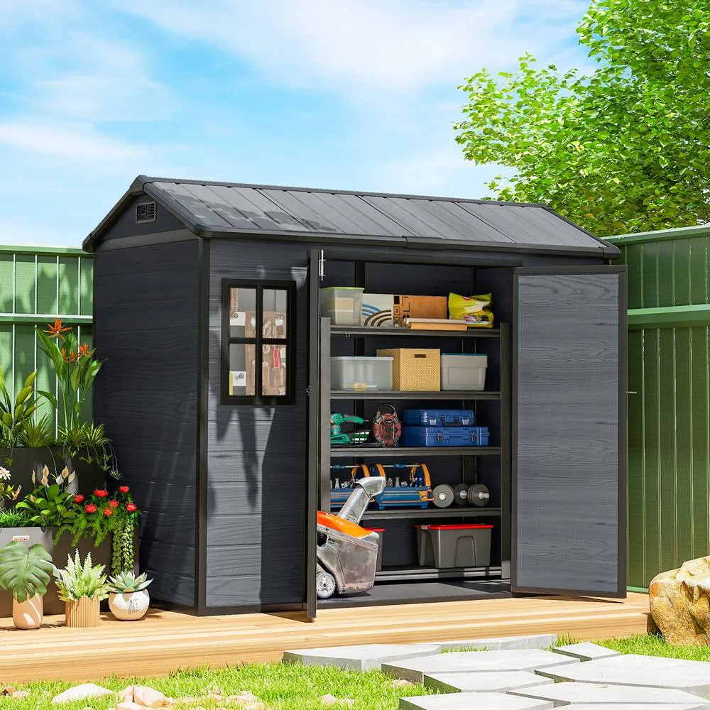 OUTSUNNY 8 x 4 ft Resin Garden Shed with Floor, Lockable Doors in Dark Grey 2