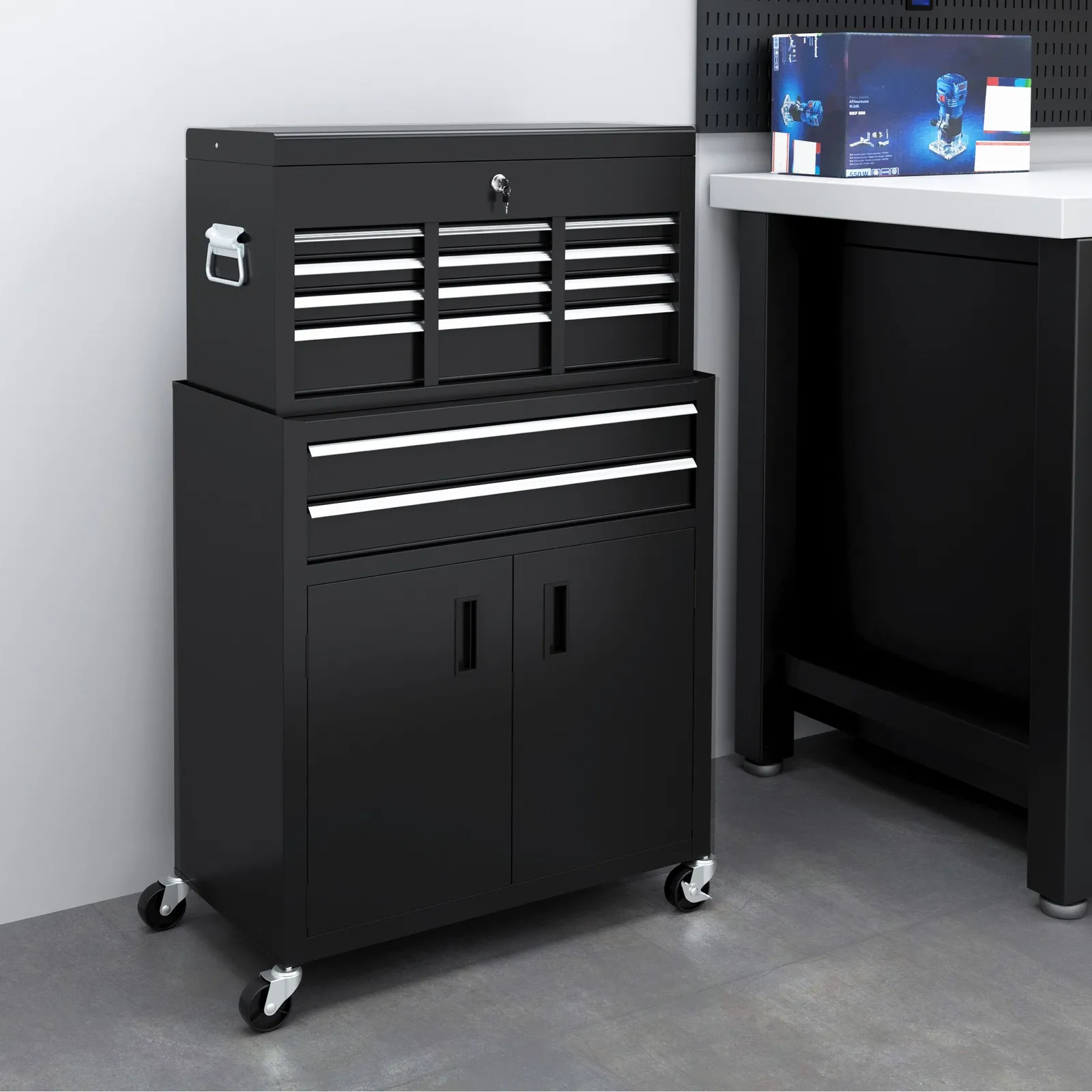HOMCOM Top Chest & Roller Cabinet Combo Metal Tool Cabinet on Wheels Black