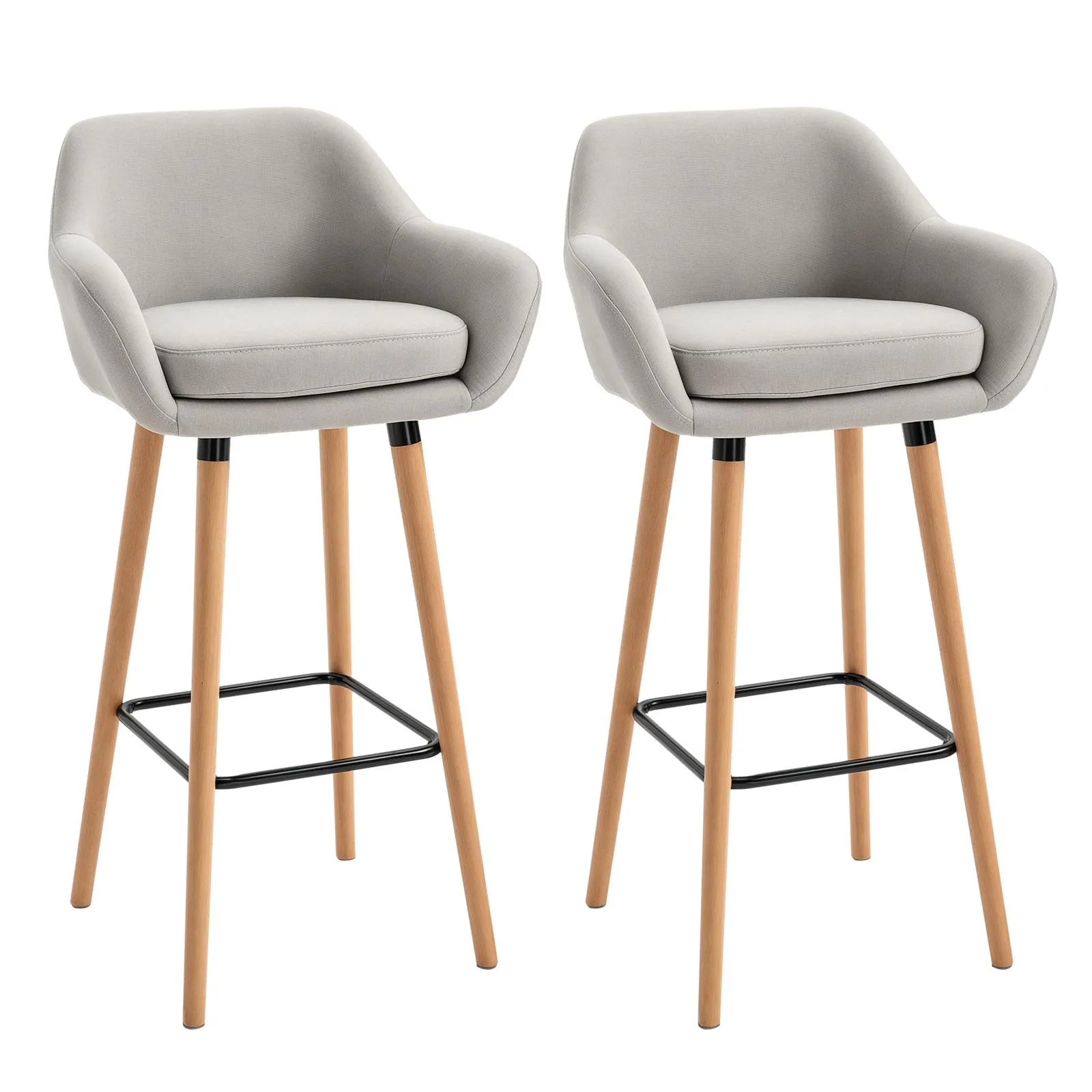 HOMCOM PCs Modern Upholstered Fabric Bucket Seat Bar Stools w/ Solid Wood Legs in Beige 2