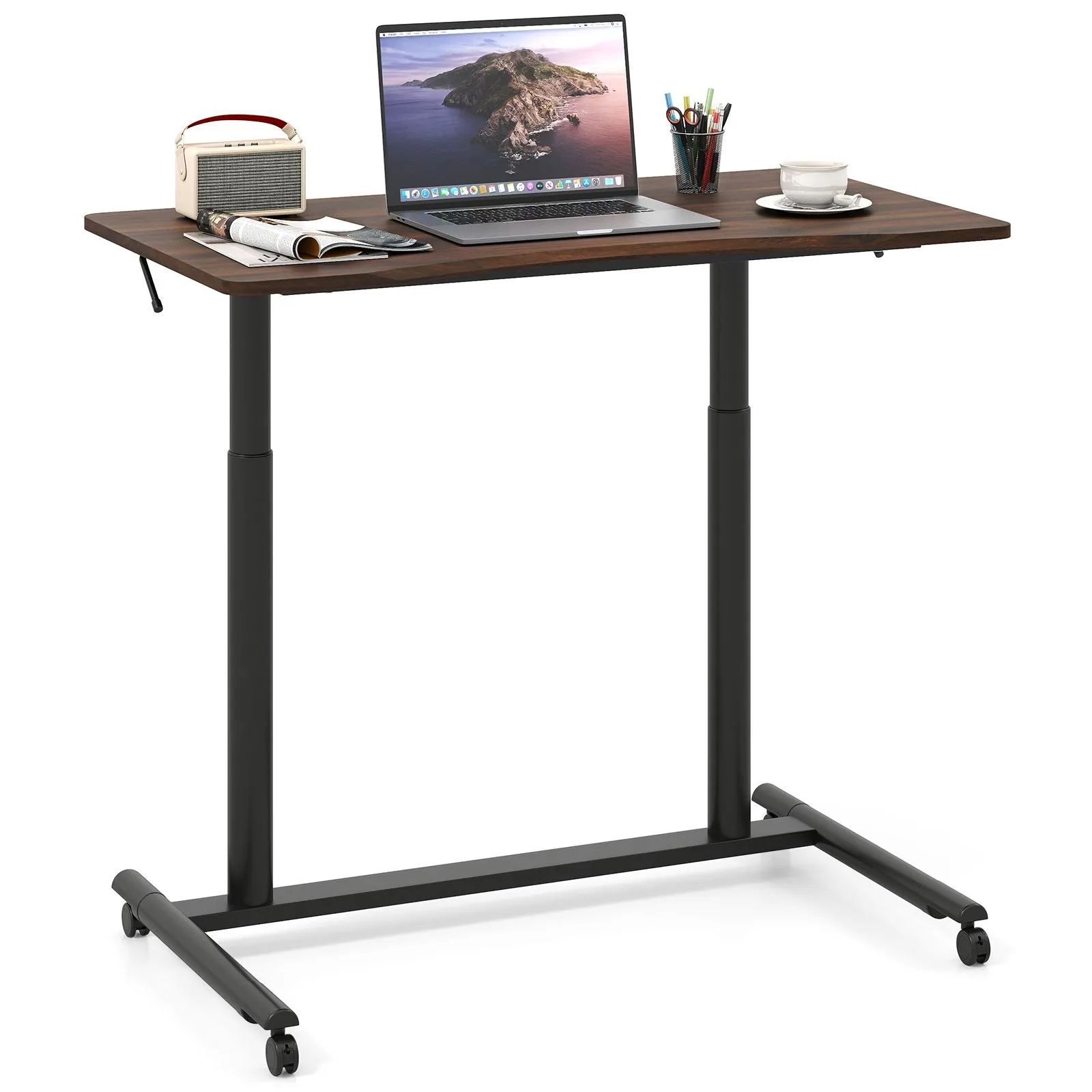 Costway Mobile Standing Desk C-Shaped Sit Stand Desk w/Adjustable Height in Brown