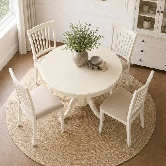 Stanmore 4 Seater Round Dining Table with 4 Chairs, Off White 3