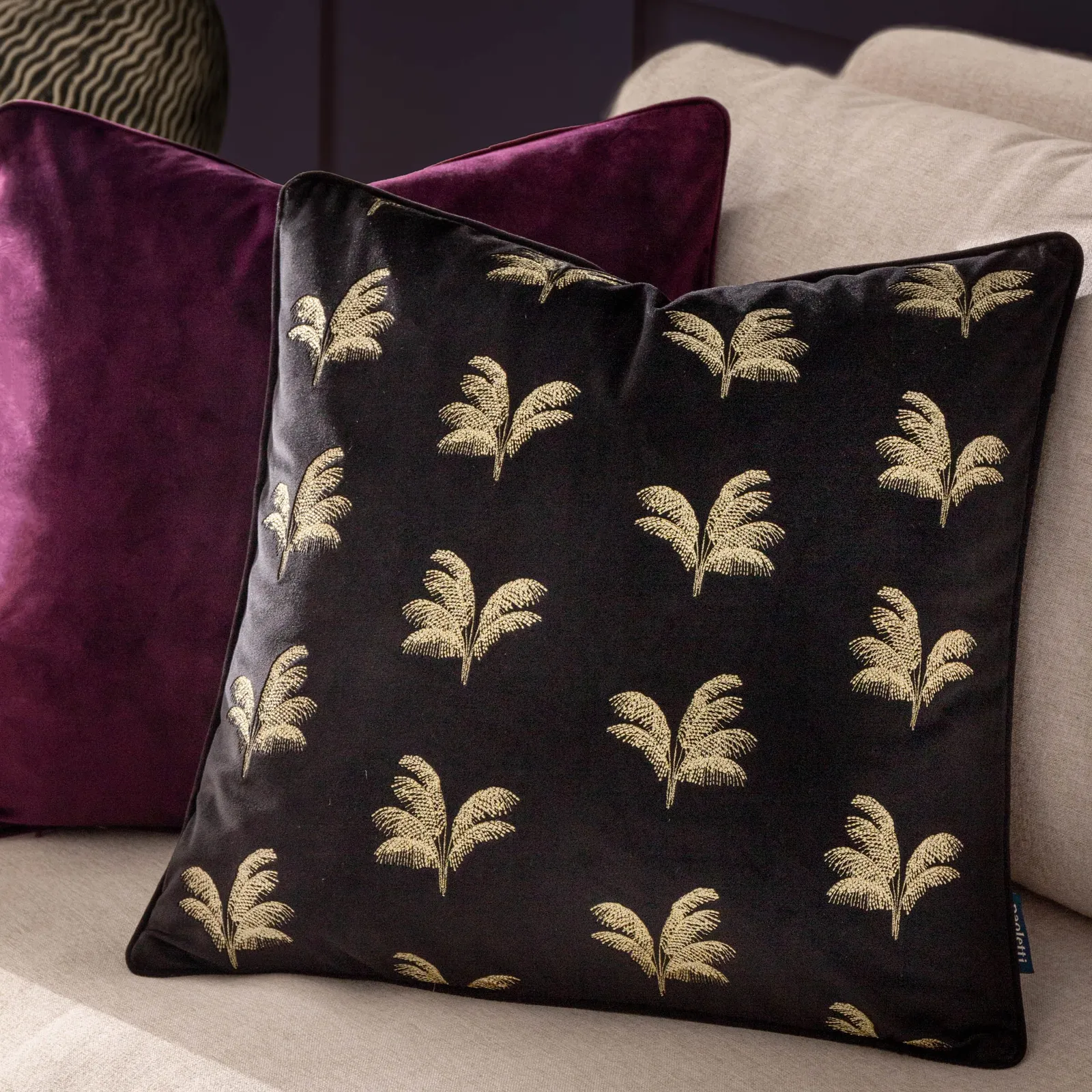 Paoletti Guilded Palms Embroidered Cushion in Black 1