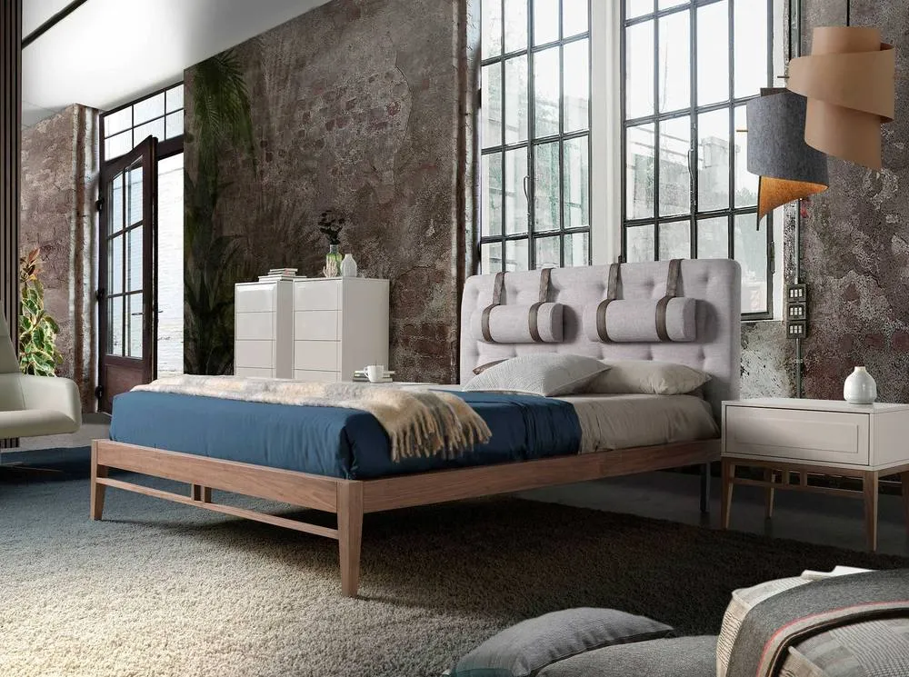 Angel Cerda Grey Tufted Fabric Double Bed with Walnut-Veneer Legs 6