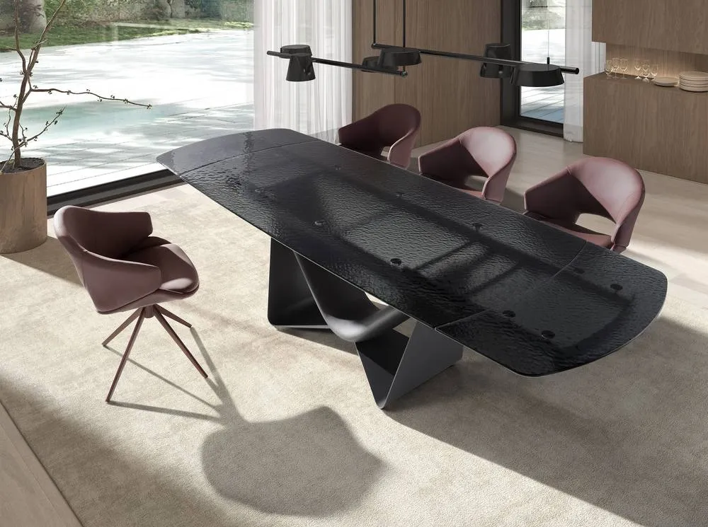 Angel Cerda Extendable Barrel-Shaped Oval Dining Table with Black Glass & Dark-Grey Metal 3