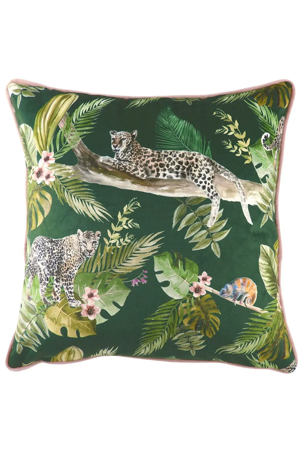 Evans Lichfield Jungle Leopard Velvet Piped Cushion in Green