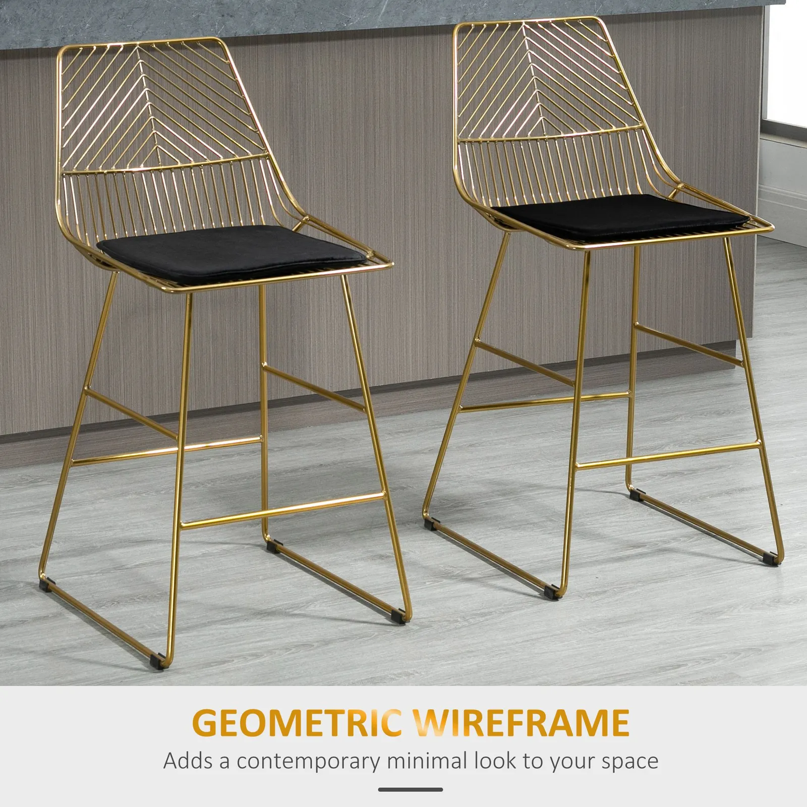 HOMCOM Modern Counter Height Bar Stools Set of 2 pcs Wire Metal Barstools in Gold 4
