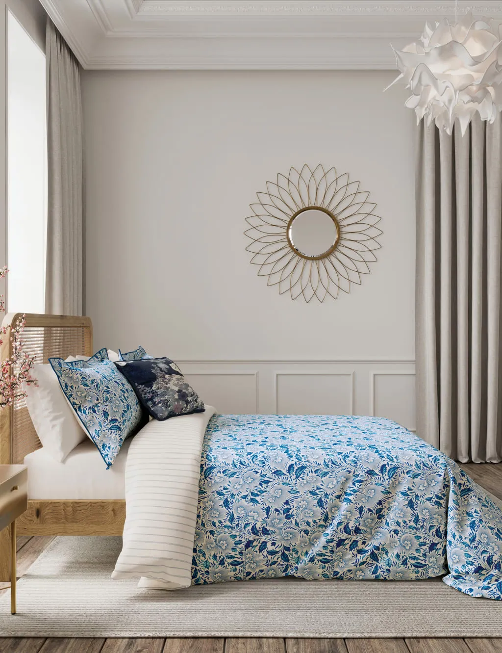 V&A Pure Cotton Ornamental Bloom Bedding Set Indigo