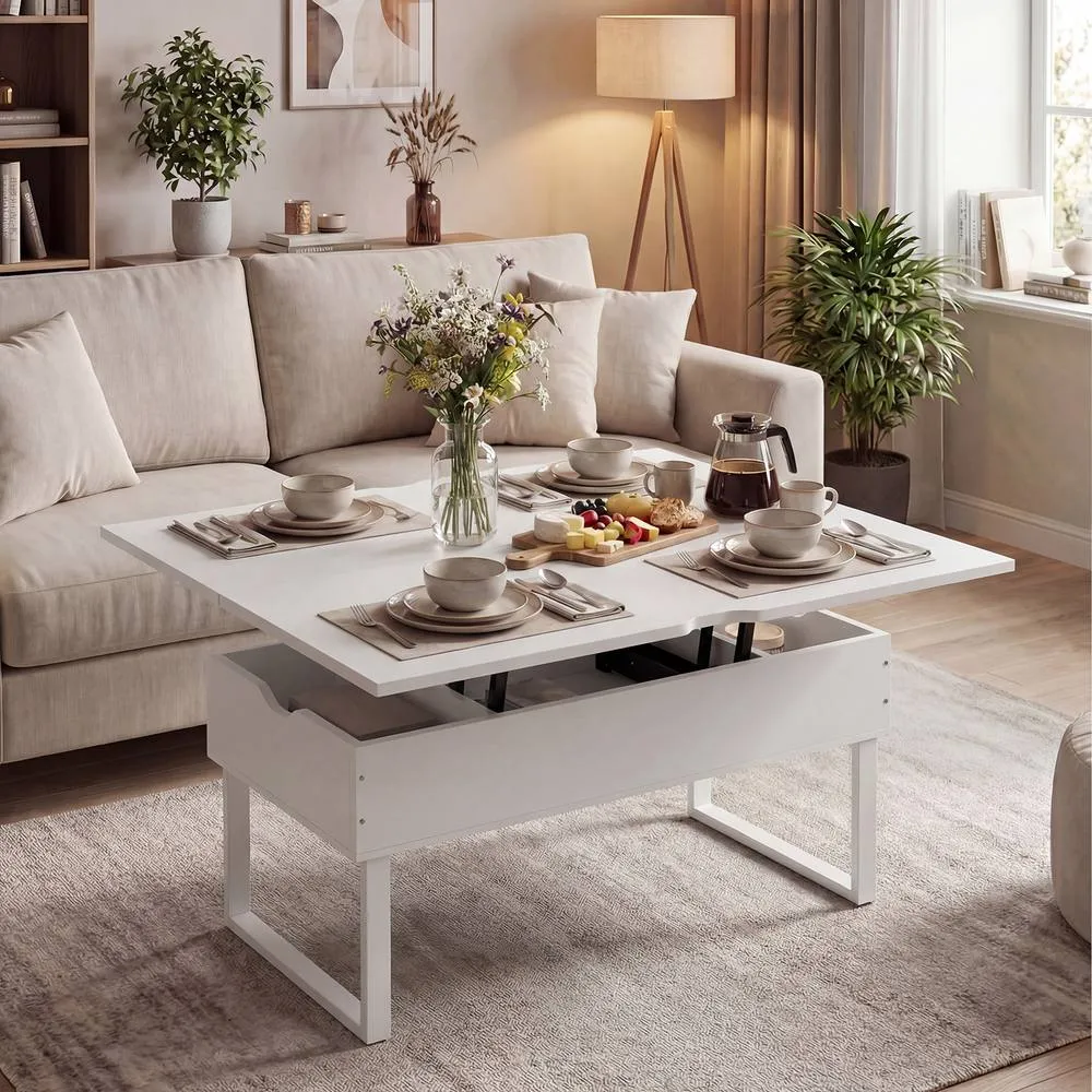 Costway Lift Top Coffee Table 3-in-1 Convertible Coffee Table Cocktail Table in White 6