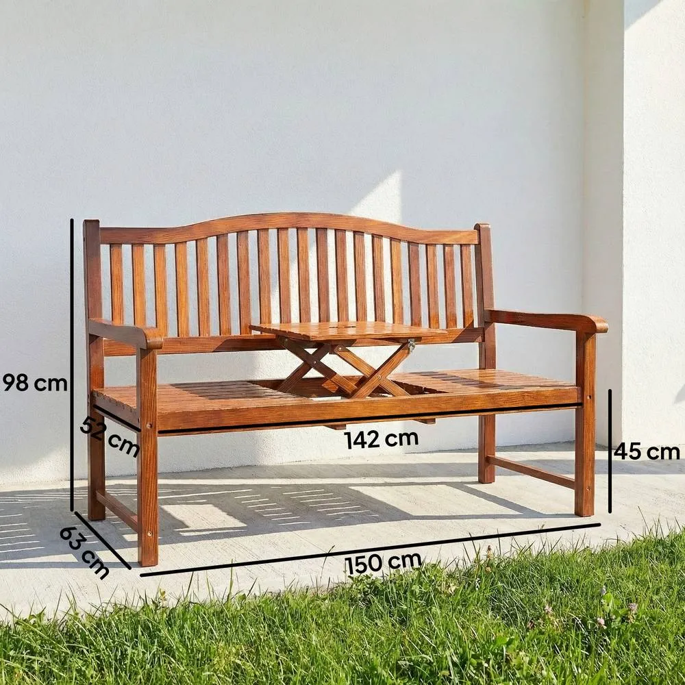 OUTSUNNY Wood Garden Loveseat Bench with Liftable Table, Cover, Light Brown 3