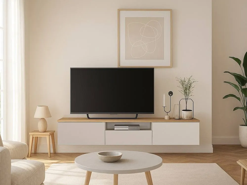Vente-unique Floating TV Unit With 3 Doors & 1 Niche - Beige & Natural - LOTULA