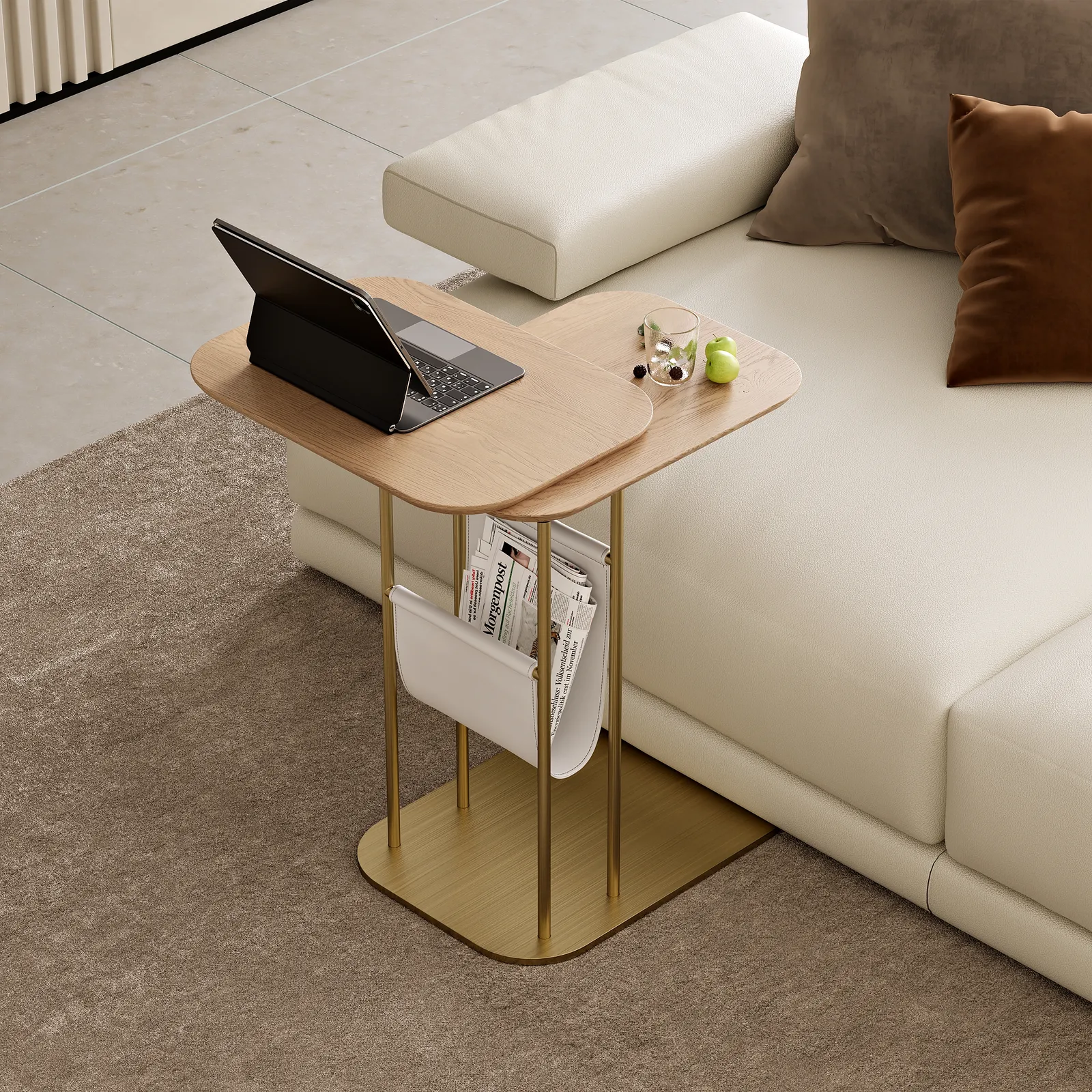 Modern Small C Shaped Rotating Side Table Natural Wood Bedside Table with Storage End Tables