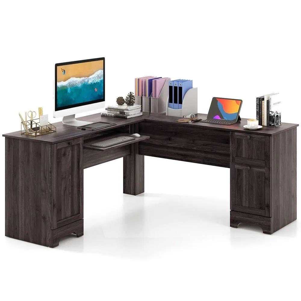 Costway L-Shaped Corner Computer Desk Study Workstation w/ Cabinet & Drawers in Dark Brown
