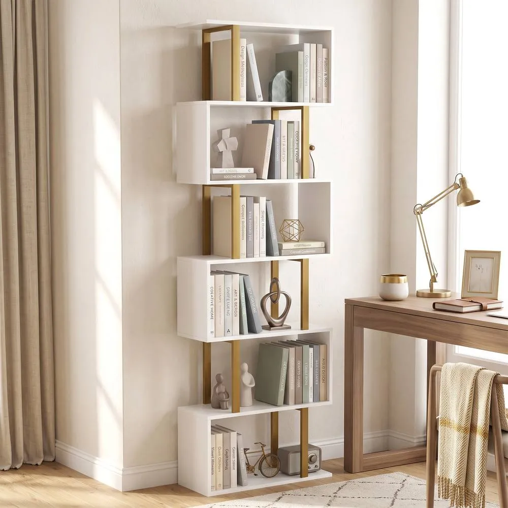 HOMCOM S-Shaped Bookshelf, 6-Tier Bookcase with Anti-Tip Strap, White 2