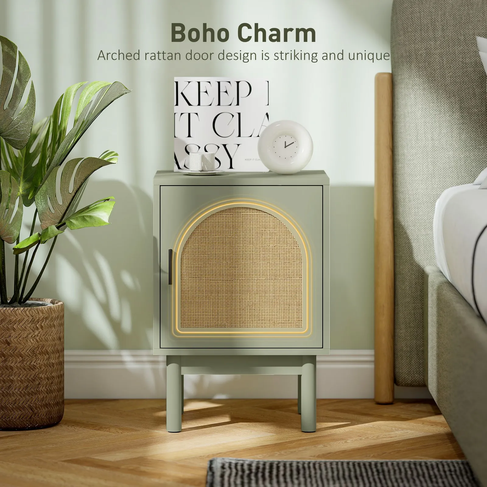 HOMCOM Boho Bedside Table with Rattan Door & Adjustable Shelf in Light Green 5