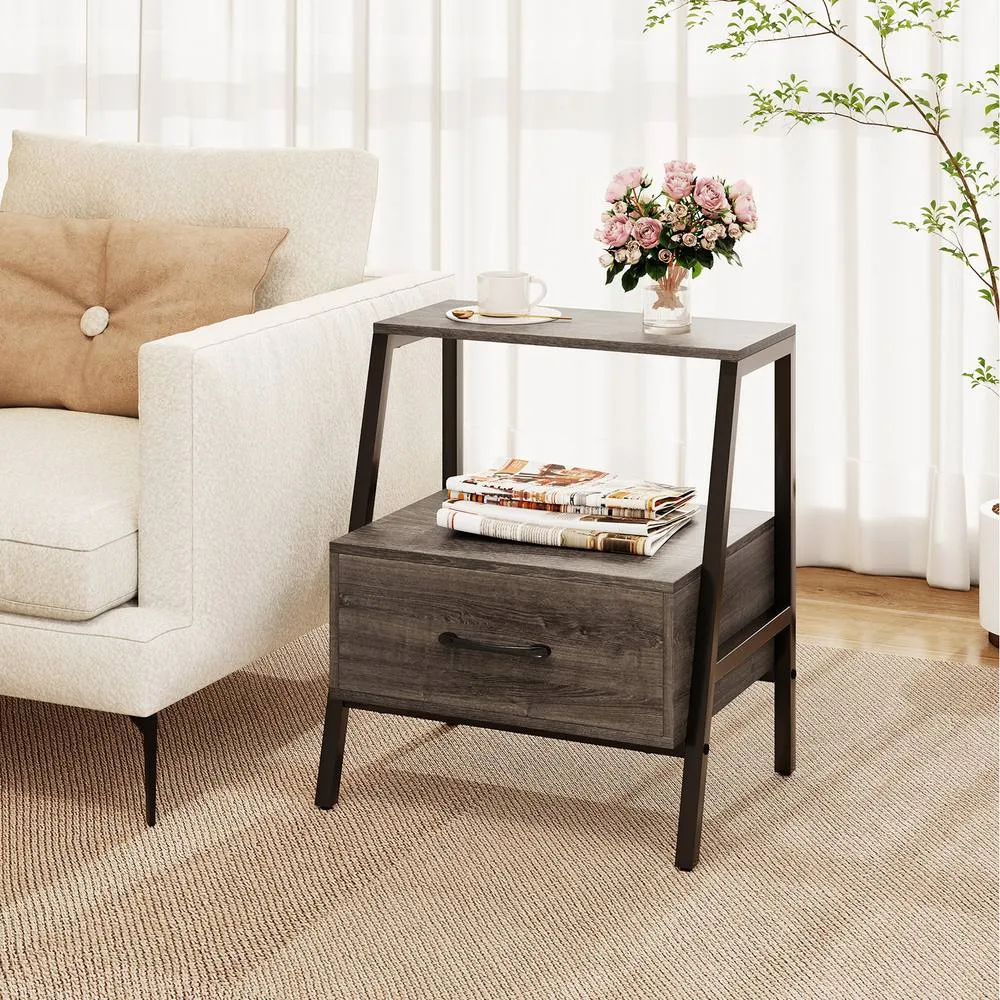 Costway Farmhouse 3-Tier Bedside Table Nightstand Drawer-Gray in Grey