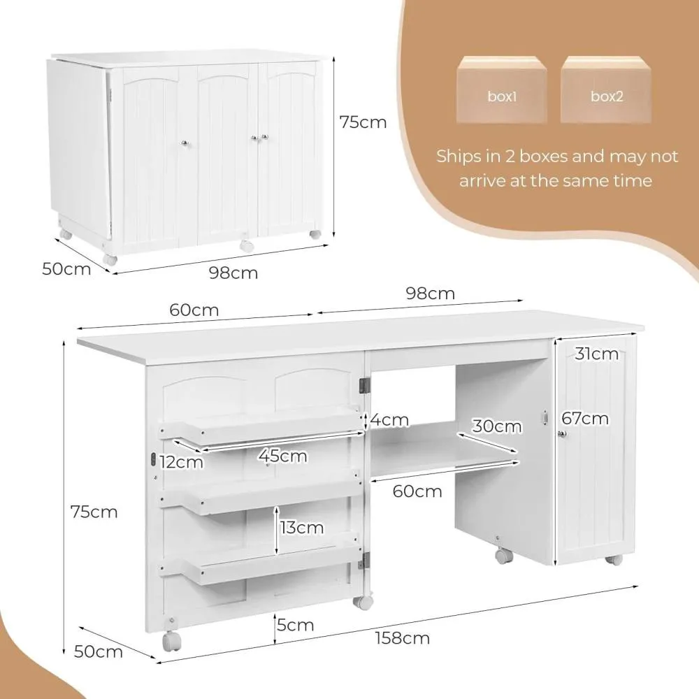 Costway Large Foldable Sewing Table Rolling Drop Leaf Craft Table with Lockable Casters in White 2