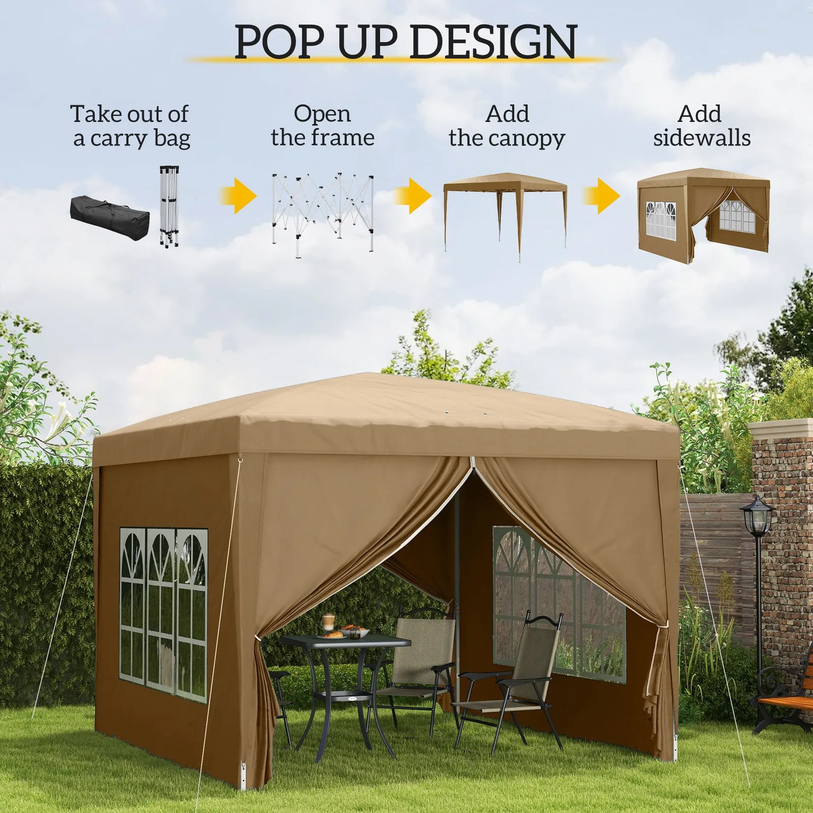 OUTSUNNY 3x3(m) Pop Up Gazebo Canopy Marquee w/ Carry Bag, Khaki in Brown 4