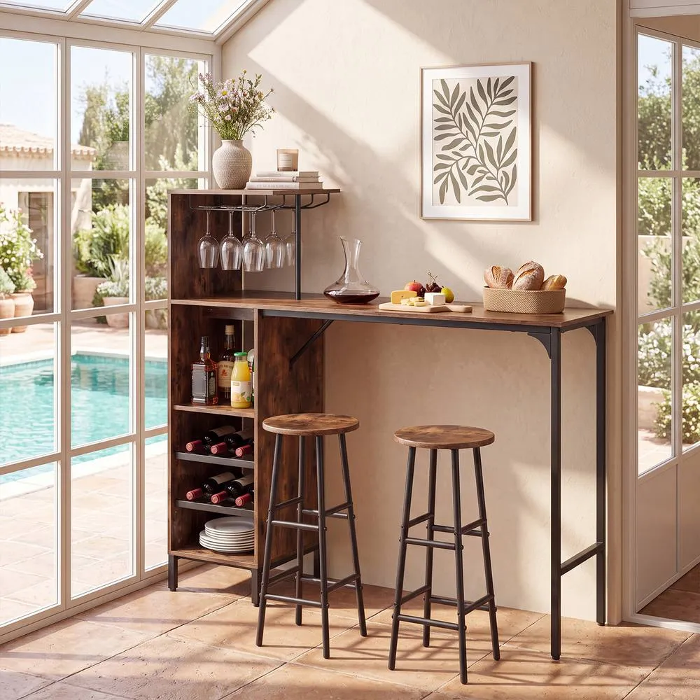 Costway 3PCS Bar Table & Chair Set Pub Table & Stools with Wine Glass Holders in Brown 5