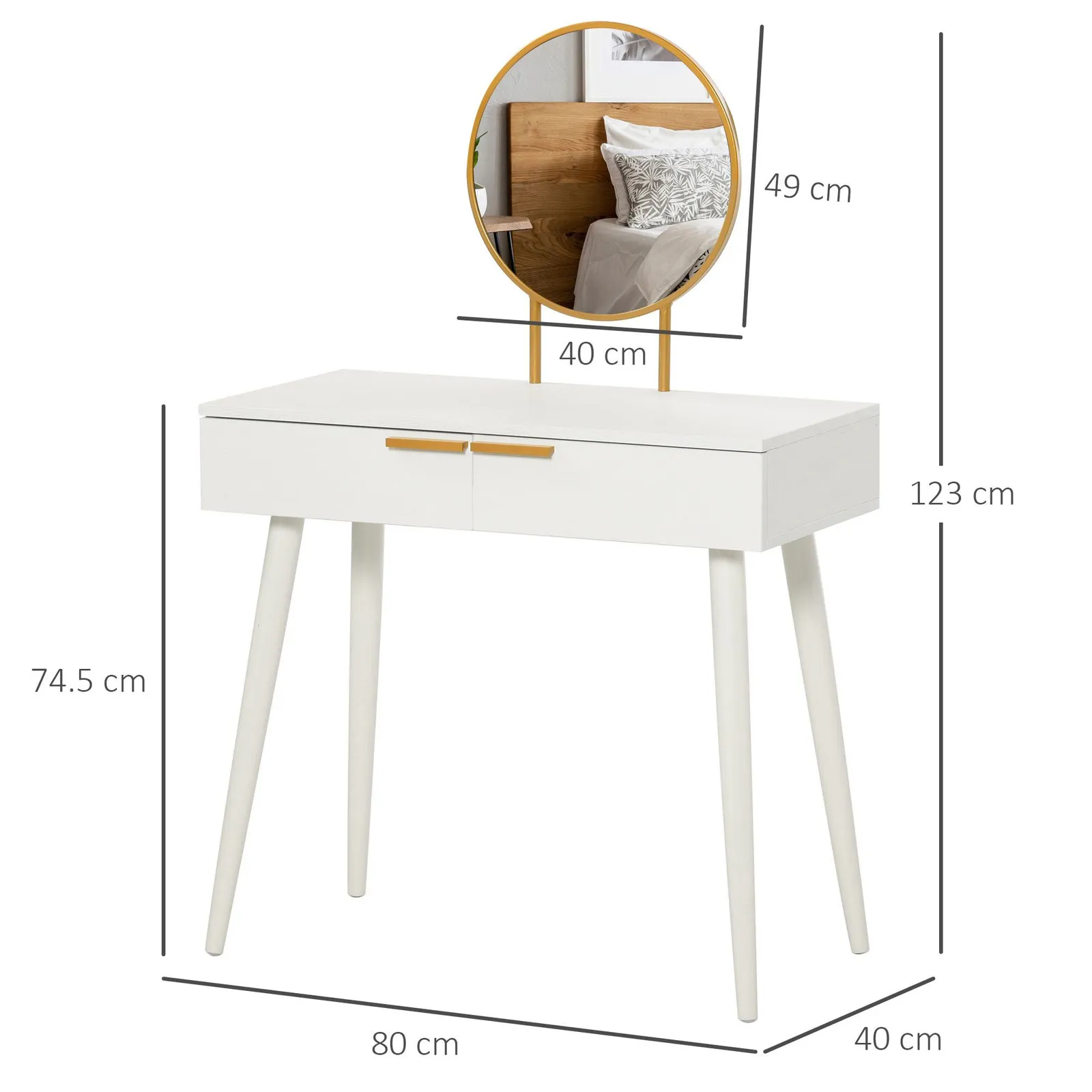 HOMCOM Modern Dressing Table w/ 2 Drawers Round Mirror for Bedroom White 3