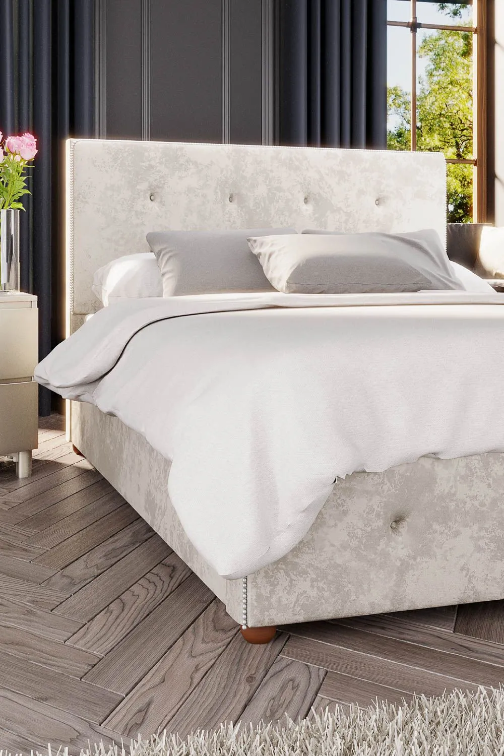Laurence Llewelyn-Bowen Hesper Ottoman Storage Bed in Mirazzi Velvet Fabric, Custom Made in Ivory 3