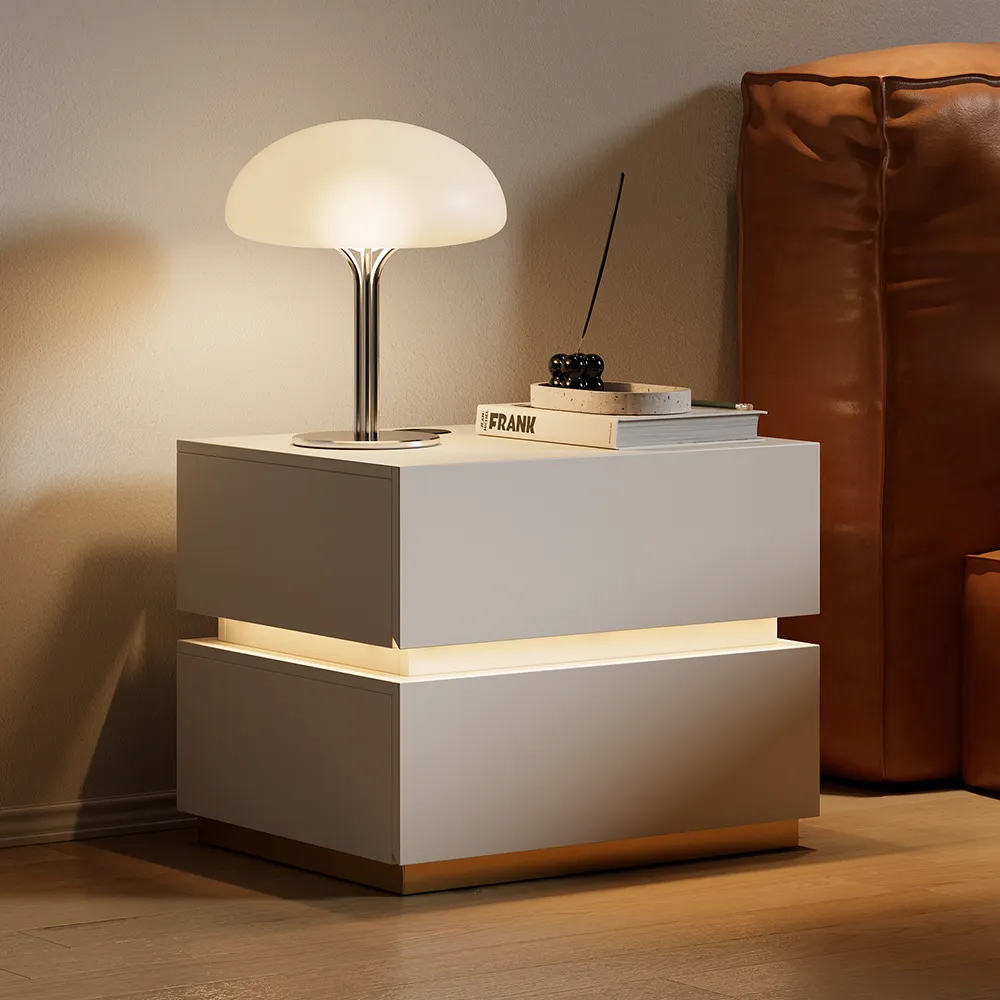 Smart LED Nightstand Wireless Charging Station Bedside Table with Light Modern White