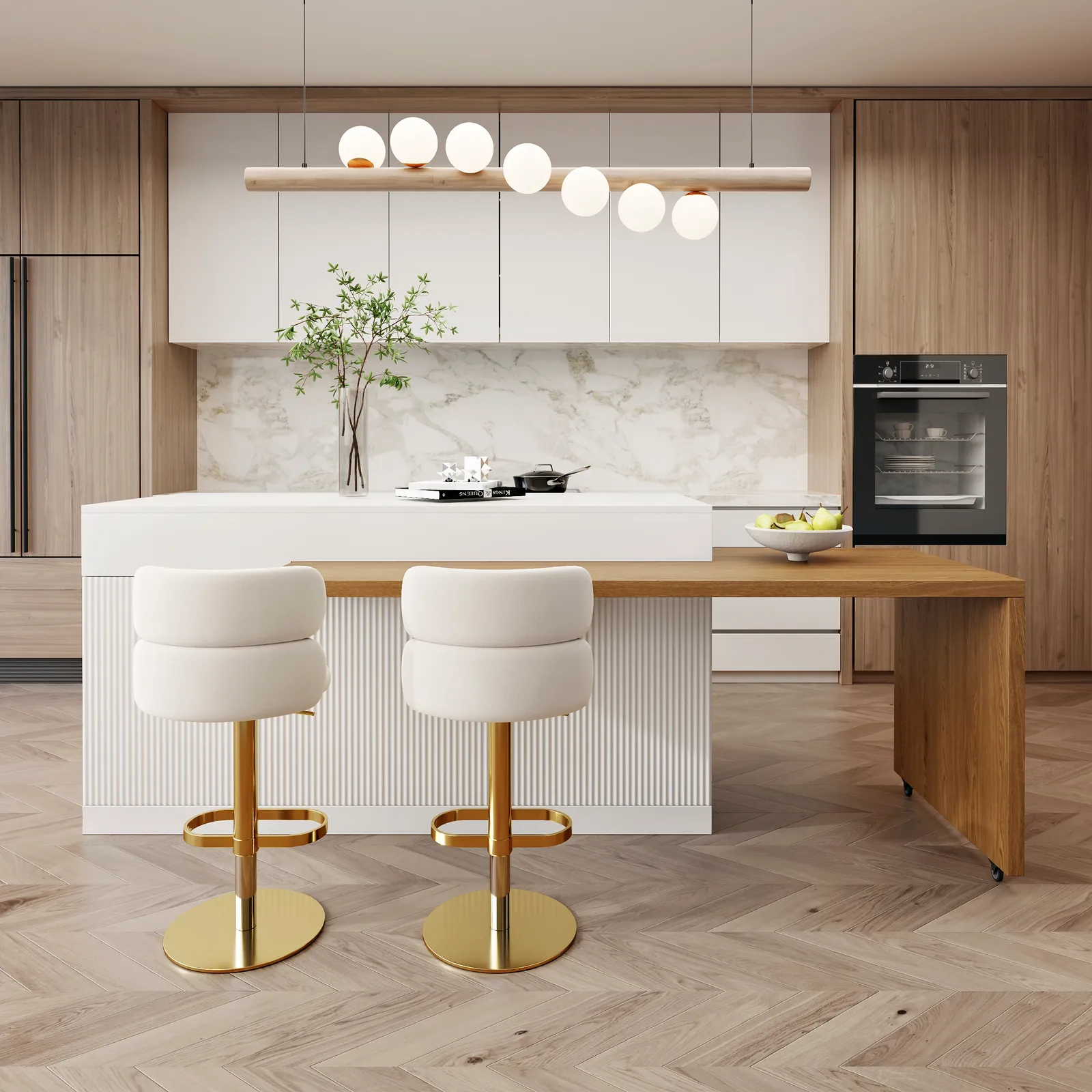 205 - 270 cm Kitchen Islands Extendable Marble Pattern Top White Modern with Doors & Drawers