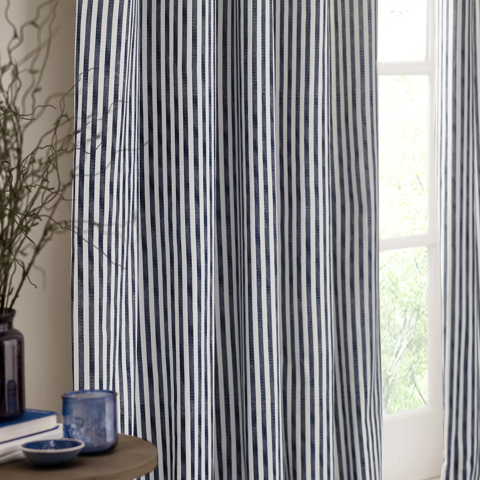 Yard Hebden Striped 100% Cotton Lined Eyelet Curtain Pair in Blue 3