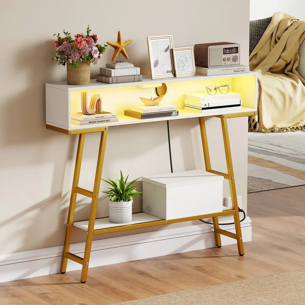 Costway Console Table w/ LED Light & Charging Station 3-Tier Entryway Table in White 4