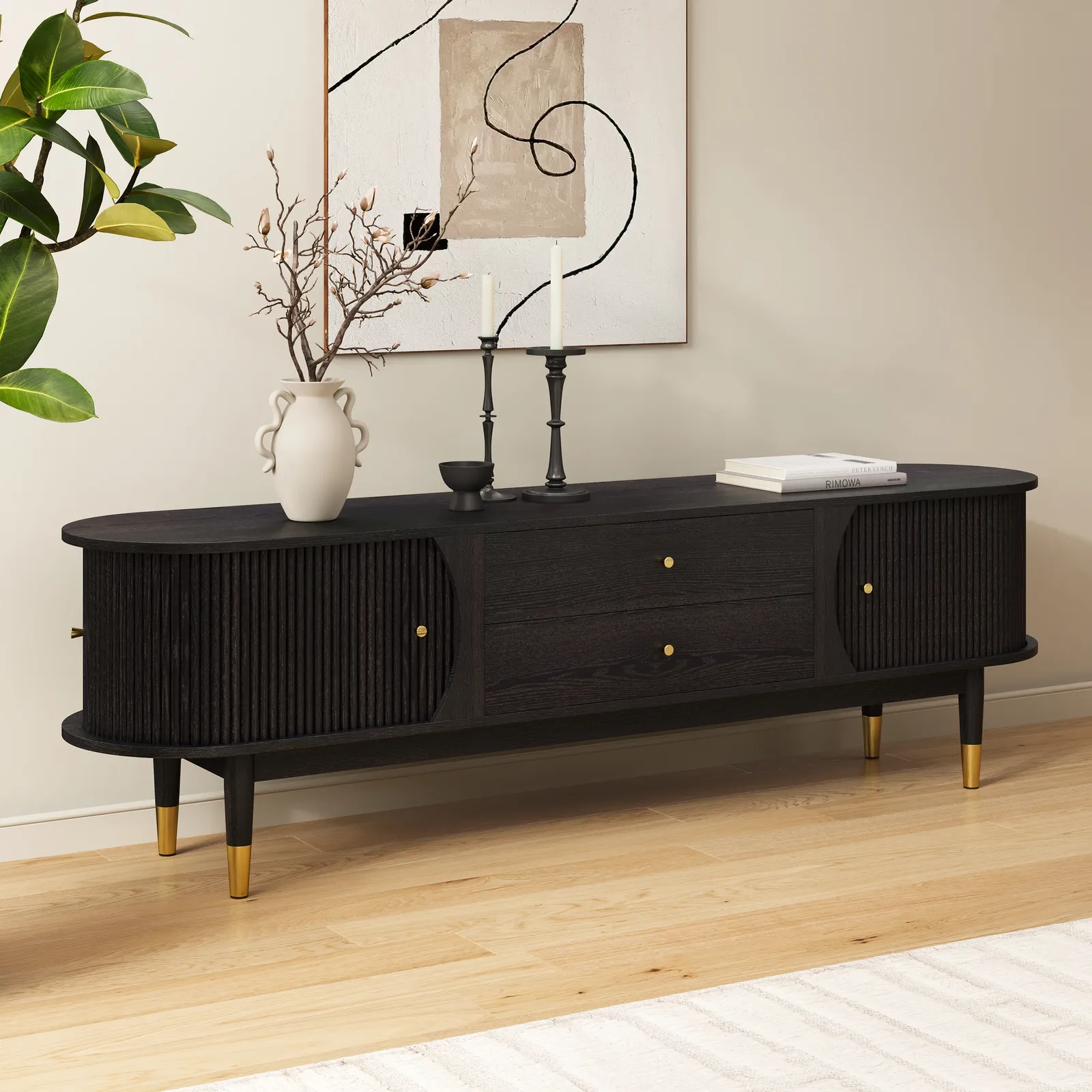 72" Ash Wood Fluted TV Stand with Storage
