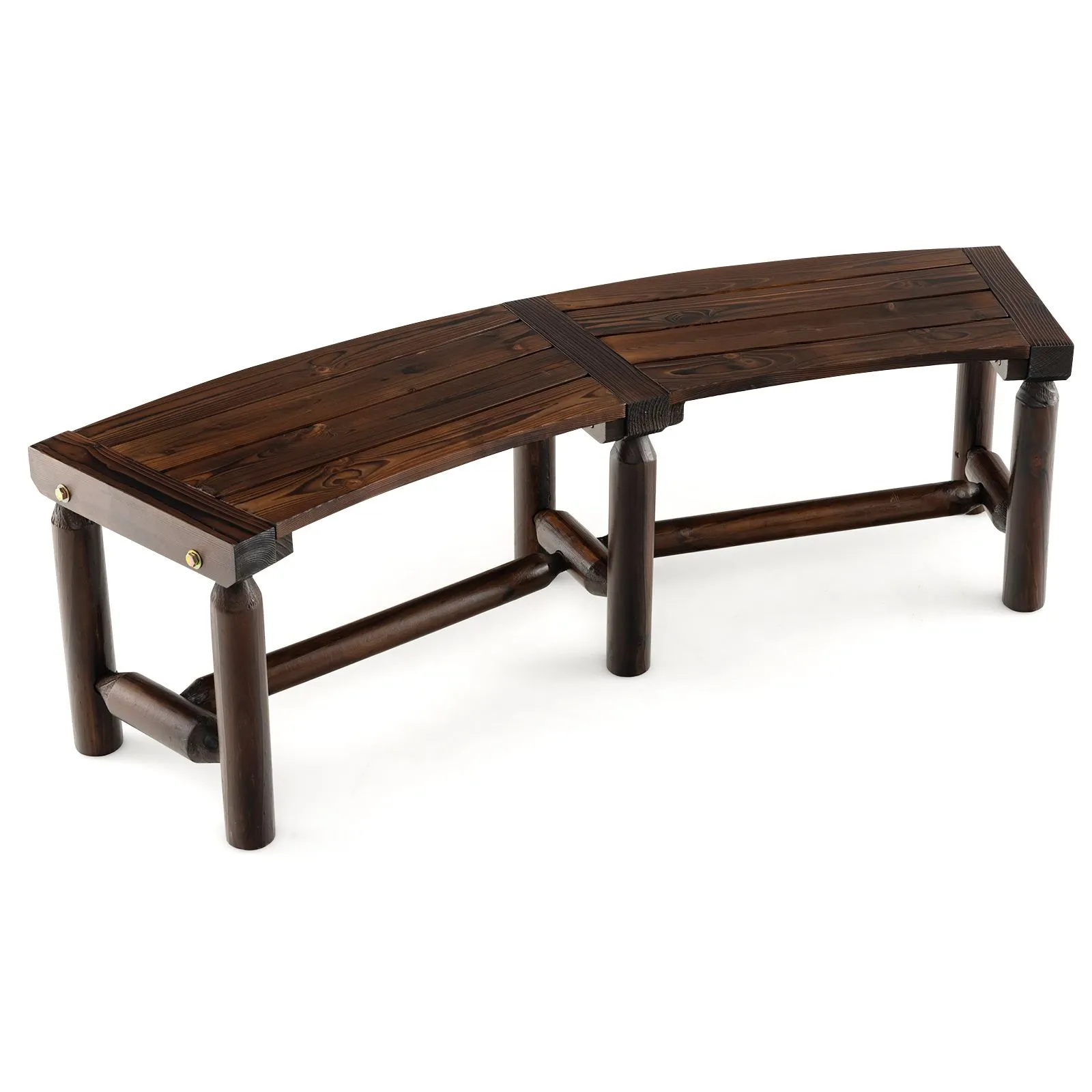 Costway Garden Curved Bench Patio Carbonized Wood Dining Bench Loveseat Slatted Seat in Brown 2