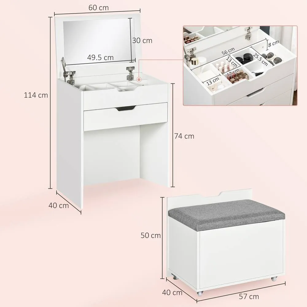 HOMCOM Dressing Table Set Flip up Mirror Stool Drawer & Compartments in White 3