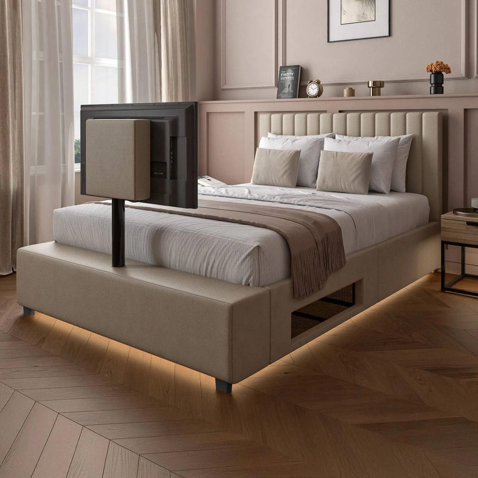X Rocker Maisie Velvet Upholstered TV Bed with Media Storage & LED Lights in Beige 1