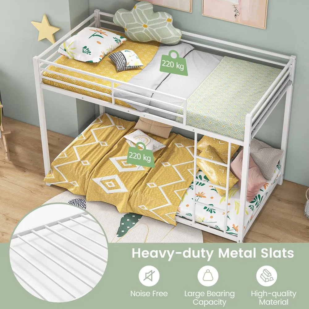Costway Single Metal Bunk Bed Floor Bed Frame w/Ladder &Full-length Guardrails in White 6